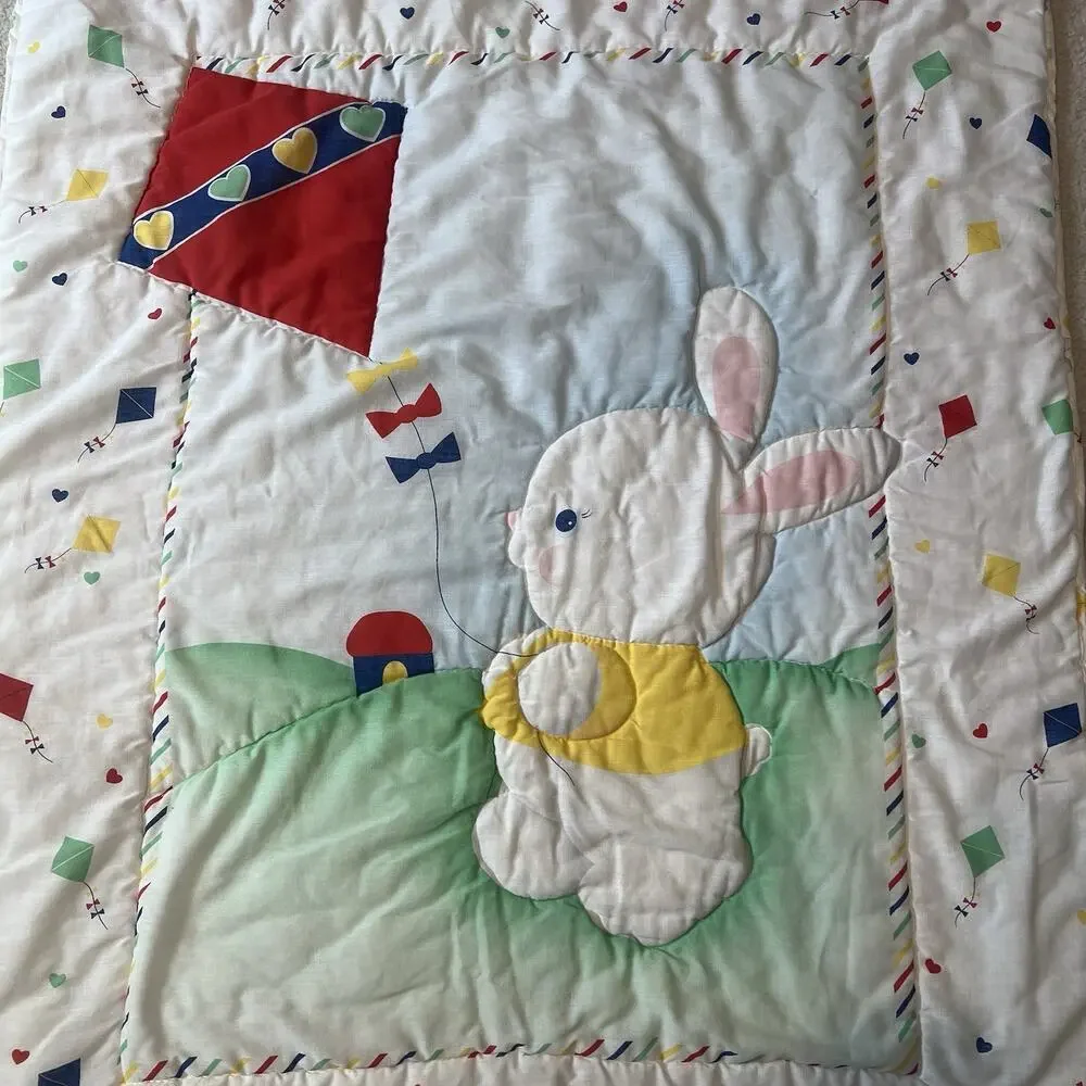 Vintage Bunny Applique Baby Crib Quilt Blanket Nursery Decor Pastel Kites 32x40